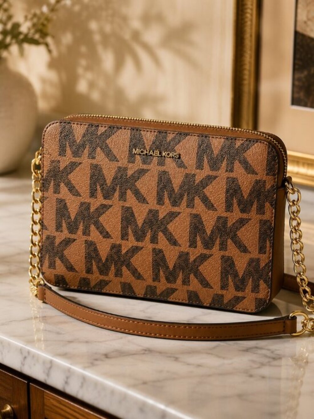 Michael Kors Signature MK East West Crossbody Bag Brown Logo NWT